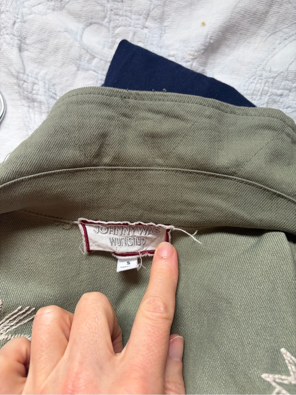 Johnny Was Olive Green Utility Jacket with White Celestial Embroidery - Picture 5 of 6